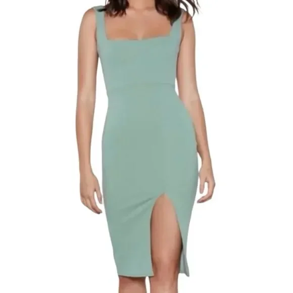 Nasty Gal Square Neck Split Hem Midi Sage Dress Size 4 - Picture 1 of 16